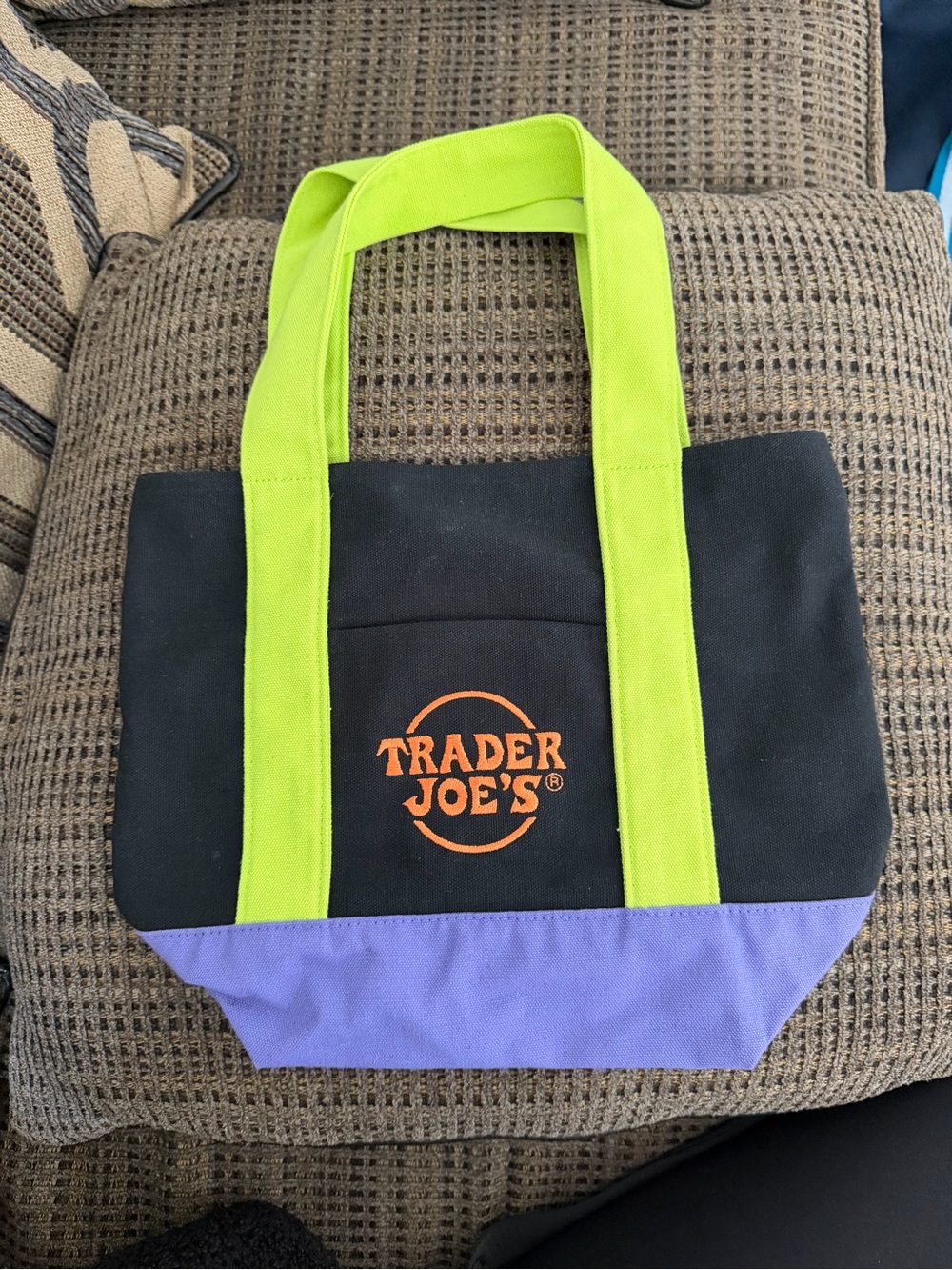 Black Trader Joe’s Canvas Tote with Lime Handles and Purple Base